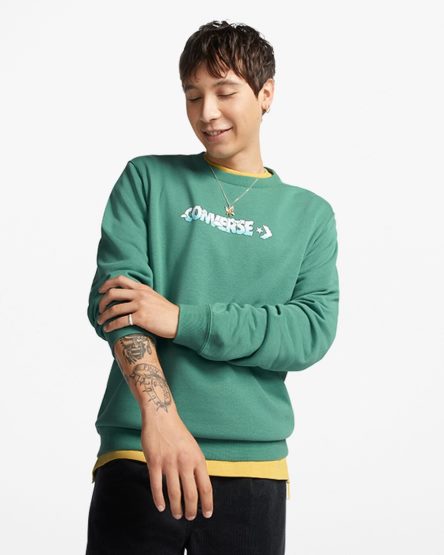Converse Cloud Grafiske Long Sleeve Crew Gensere Herre Grønn | 724OBMPYN