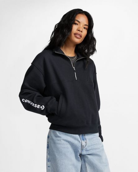 Converse Fleece Half-Zip Pullover Gensere Dame Svarte | 602ENTJMQ