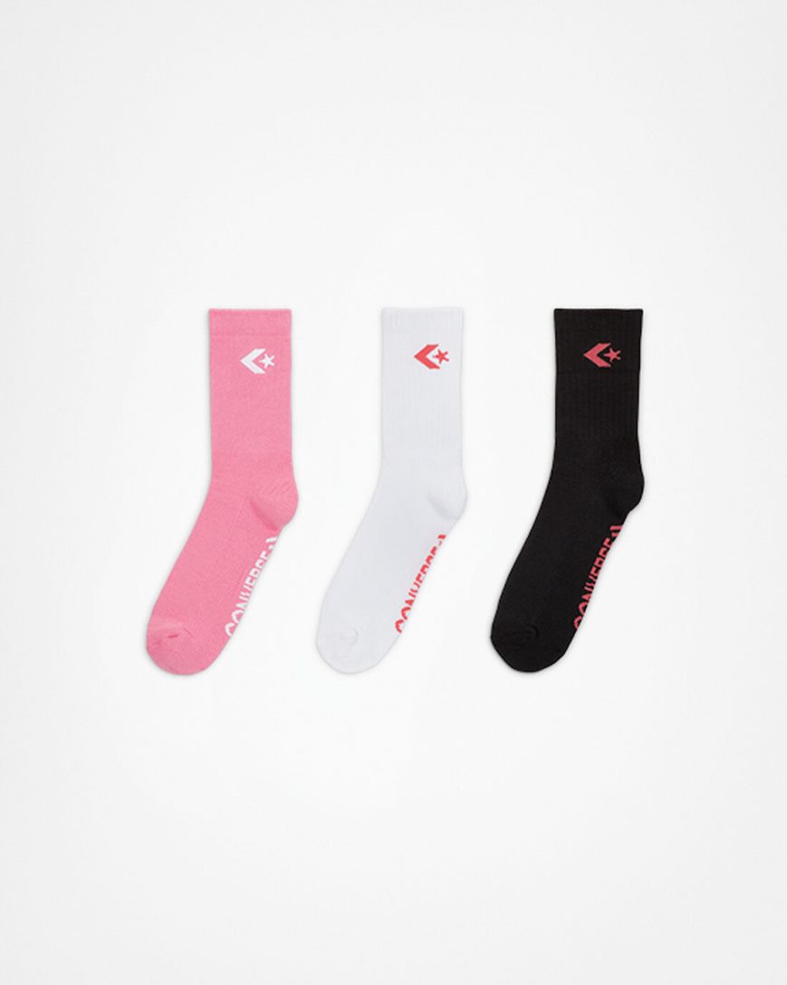 Converse 3-Pack Classic Star Chevron Kort Crew Sokker Dame Hvite Rosa Svarte | 198GUXBHA