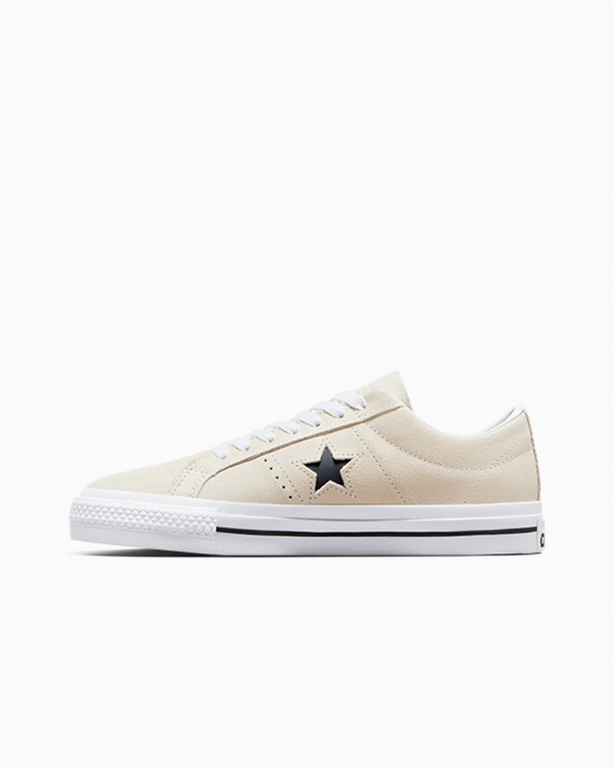 Converse CONS One Star Pro Semsket Skinn Skatesko Dame Beige Hvite Svarte | 920TRXGCU