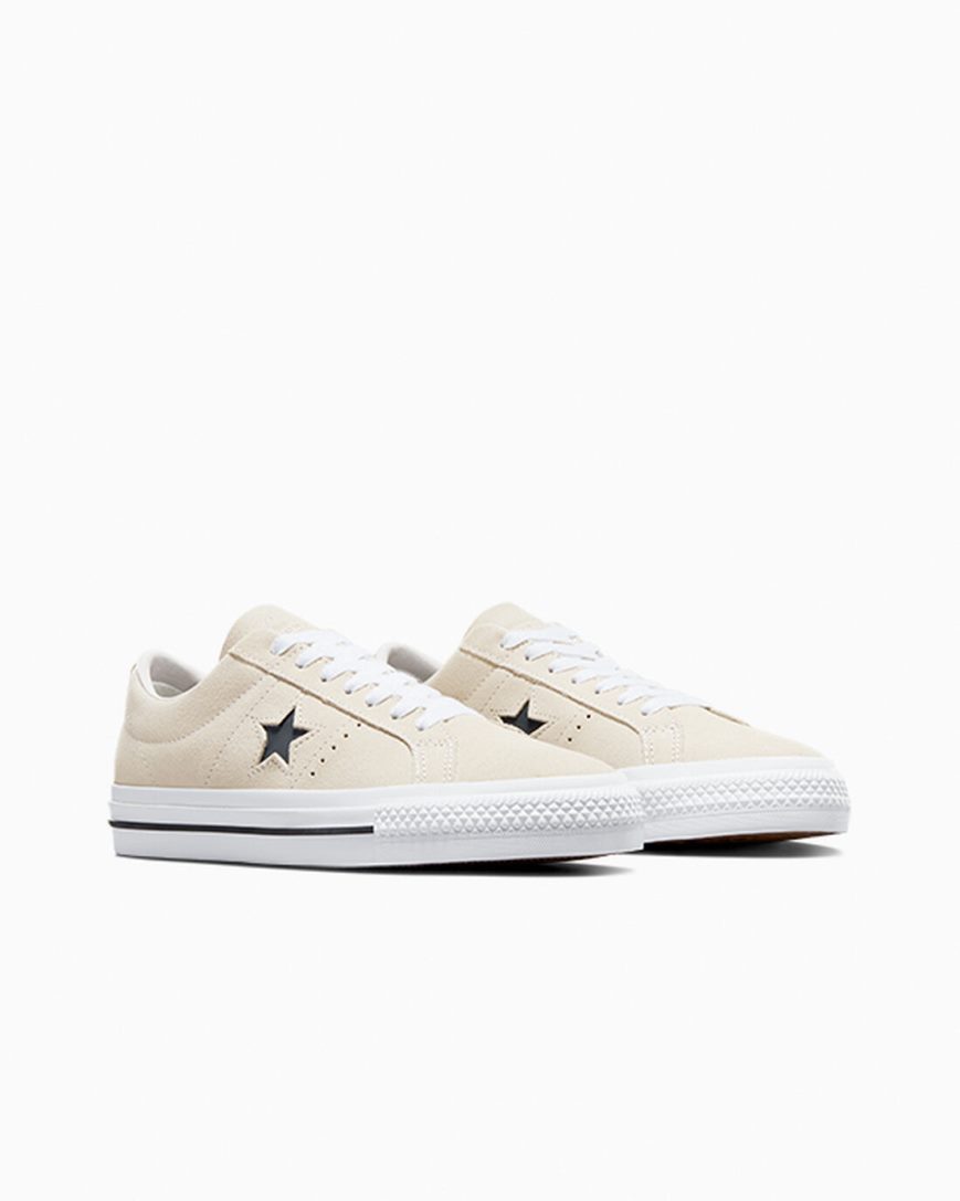 Converse CONS One Star Pro Semsket Skinn Skatesko Dame Beige Hvite Svarte | 920TRXGCU
