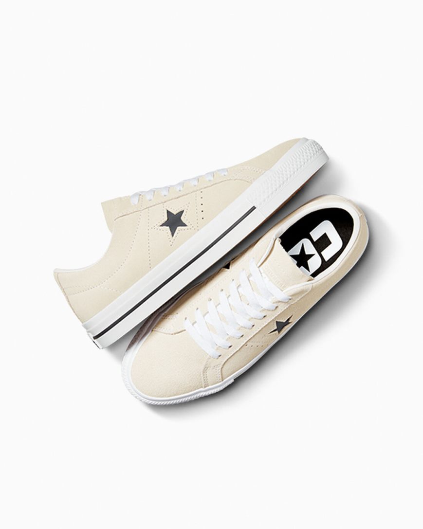 Converse CONS One Star Pro Semsket Skinn Skatesko Dame Beige Hvite Svarte | 920TRXGCU