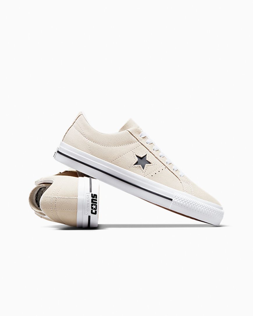Converse CONS One Star Pro Semsket Skinn Skatesko Dame Beige Hvite Svarte | 920TRXGCU