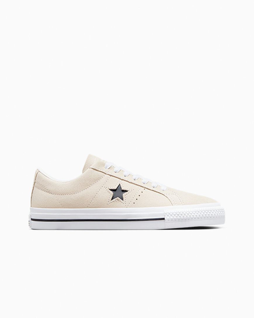 Converse CONS One Star Pro Semsket Skinn Skatesko Dame Beige Hvite Svarte | 920TRXGCU