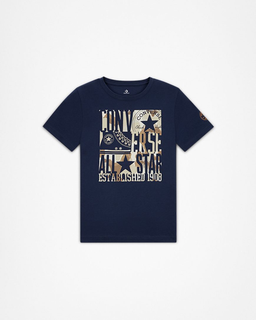 Converse Camo Logo Stack T-Shirts Gutt Marineblå | 764SHGJCA