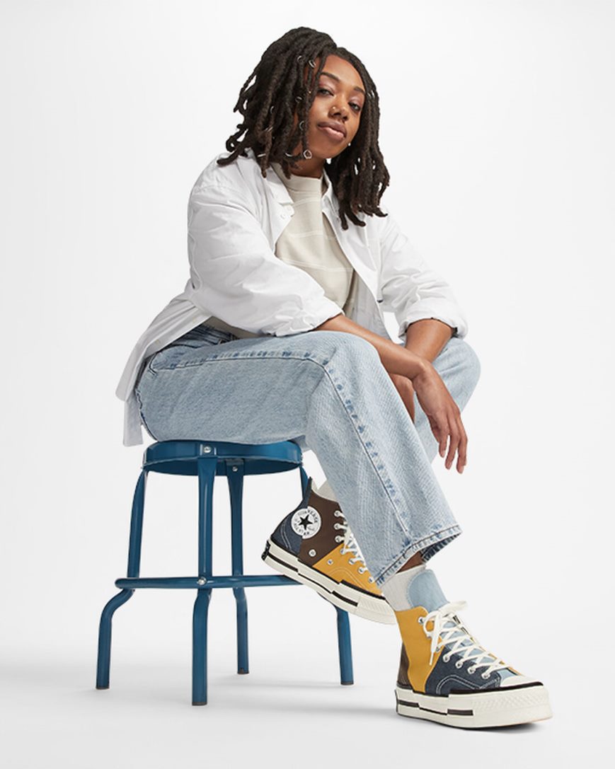 Converse Chuck 70 Plus Materiale Mashup Høye Sko Dame Brune Marineblå | 041DQXVFY