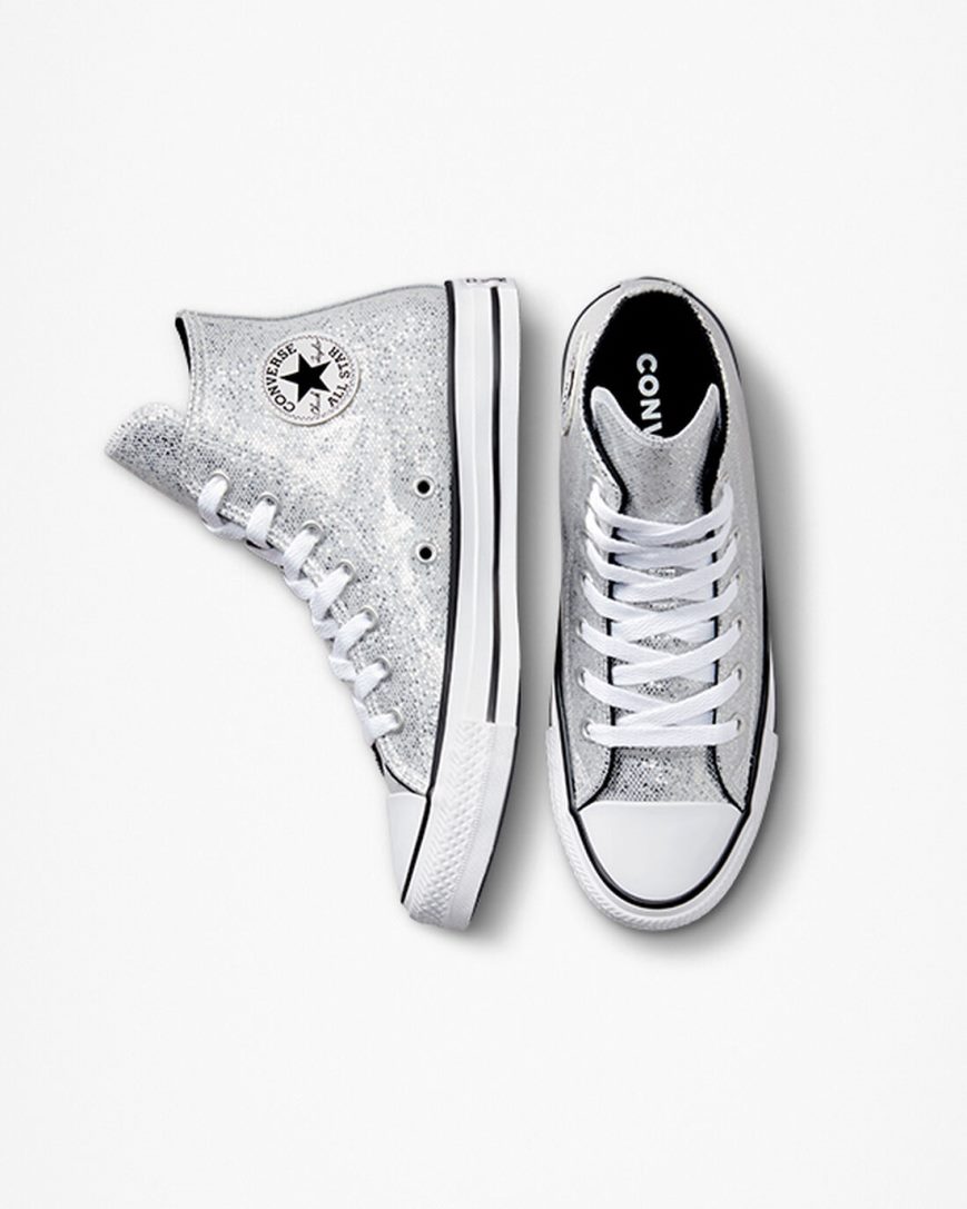 Converse Chuck Taylor All Star Glitter Høye Sko Jente Sølv Grå Svarte | 149GDCZJE