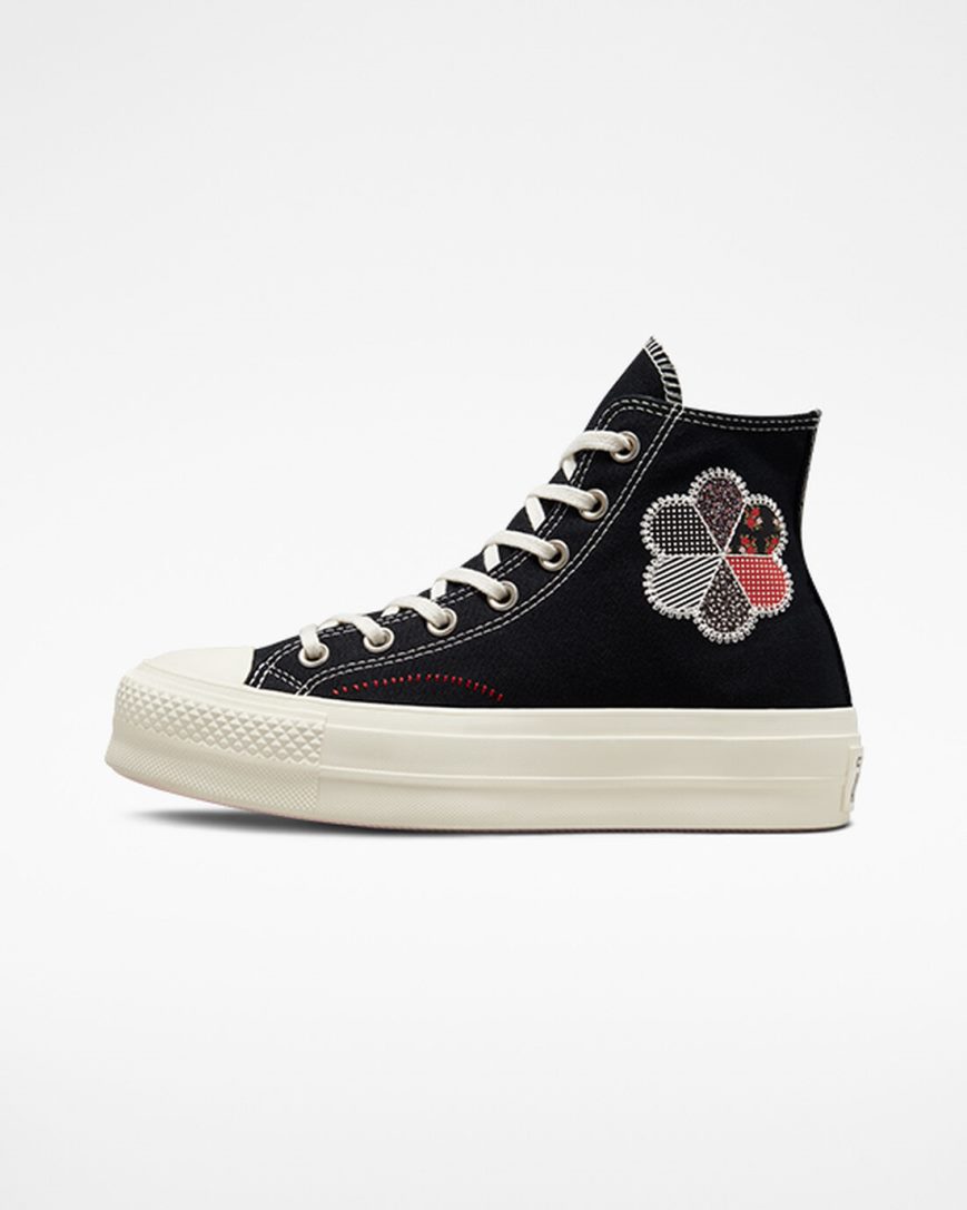 Converse Chuck Taylor All Star Lift Crafted Patchwork Høye Platform Sko Dame Svarte Rød | 163AXJLTY