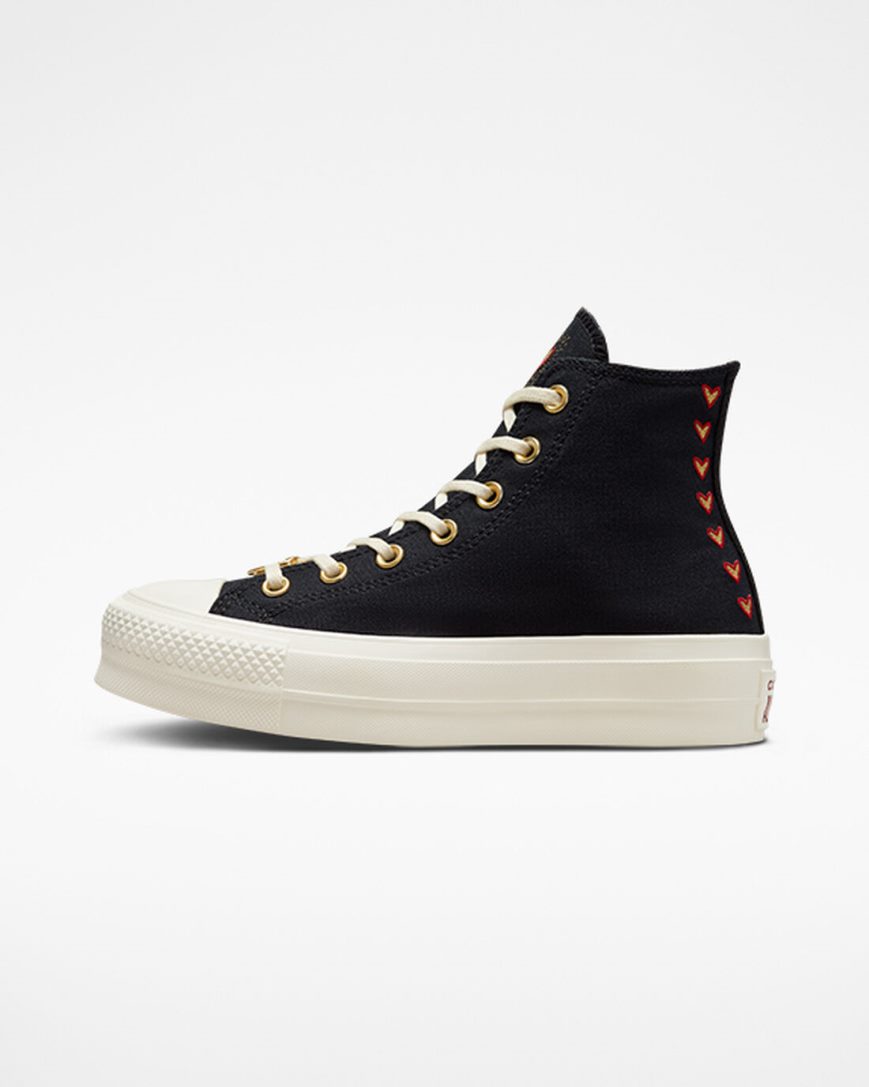 Converse Chuck Taylor All Star Lift Hearts Høye Platform Sko Dame Svarte Mørke Rød | 097BHQYCX
