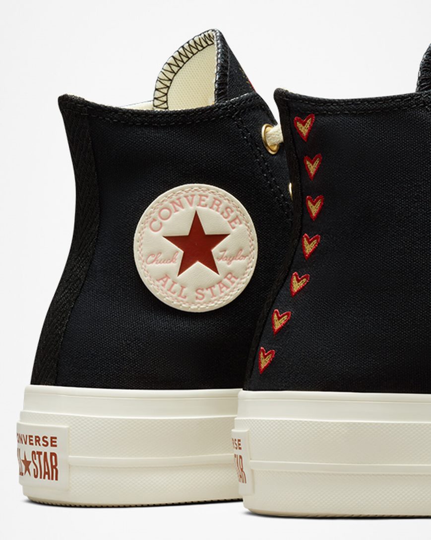 Converse Chuck Taylor All Star Lift Hearts Høye Platform Sko Dame Svarte Mørke Rød | 097BHQYCX