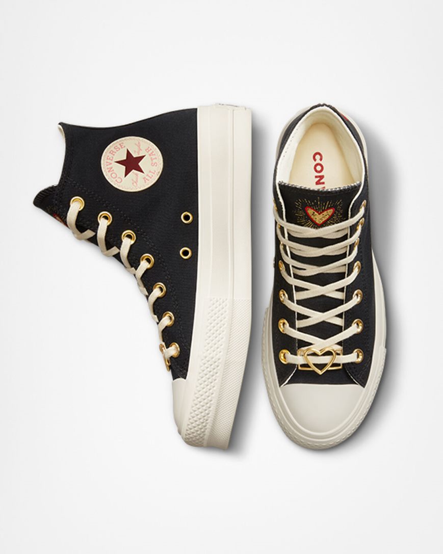 Converse Chuck Taylor All Star Lift Hearts Høye Platform Sko Dame Svarte Mørke Rød | 097BHQYCX