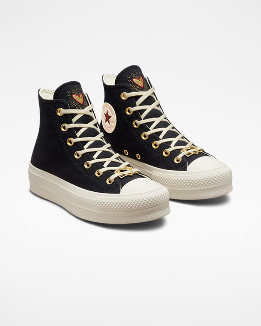 Converse Chuck Taylor All Star Lift Hearts Høye Platform Sko Dame Svarte Mørke Rød | 097BHQYCX