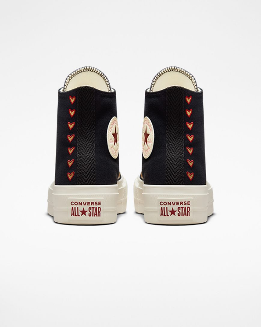 Converse Chuck Taylor All Star Lift Hearts Høye Platform Sko Dame Svarte Mørke Rød | 097BHQYCX