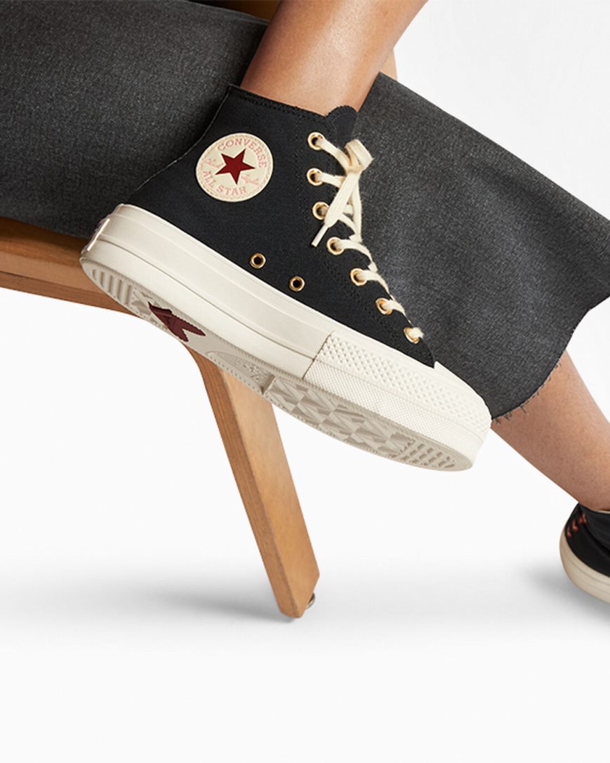 Converse Chuck Taylor All Star Lift Hearts Høye Platform Sko Dame Svarte Mørke Rød | 097BHQYCX