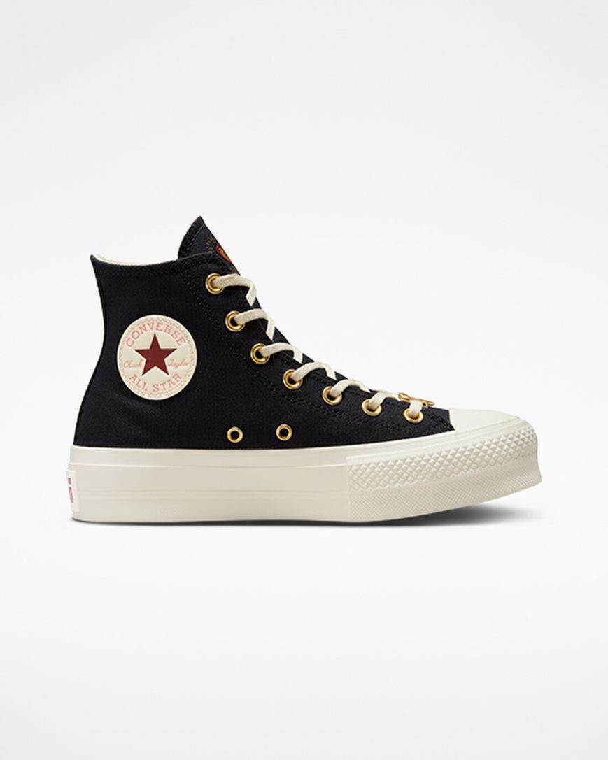 Converse Chuck Taylor All Star Lift Hearts Høye Platform Sko Dame Svarte Mørke Rød | 097BHQYCX
