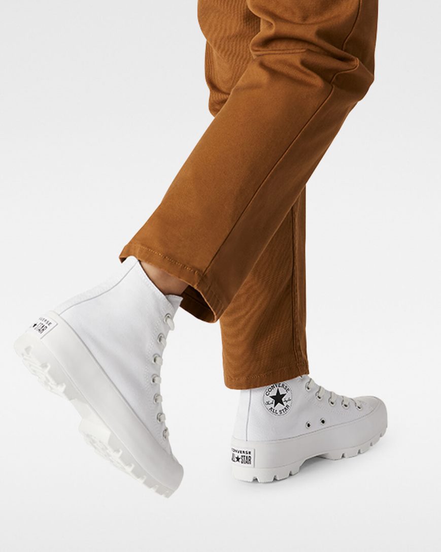 Converse Chuck Taylor All Star Lugged Høye Sko Dame Hvite Svarte Hvite | 593WVTESB
