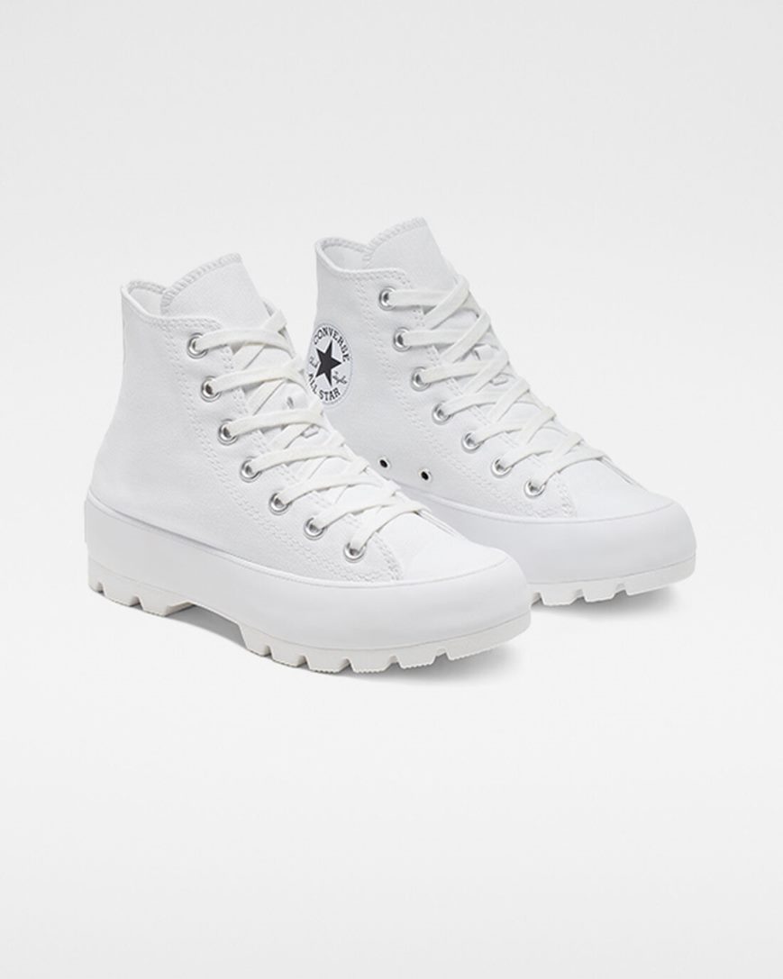 Converse Chuck Taylor All Star Lugged Høye Sko Dame Hvite Svarte Hvite | 593WVTESB