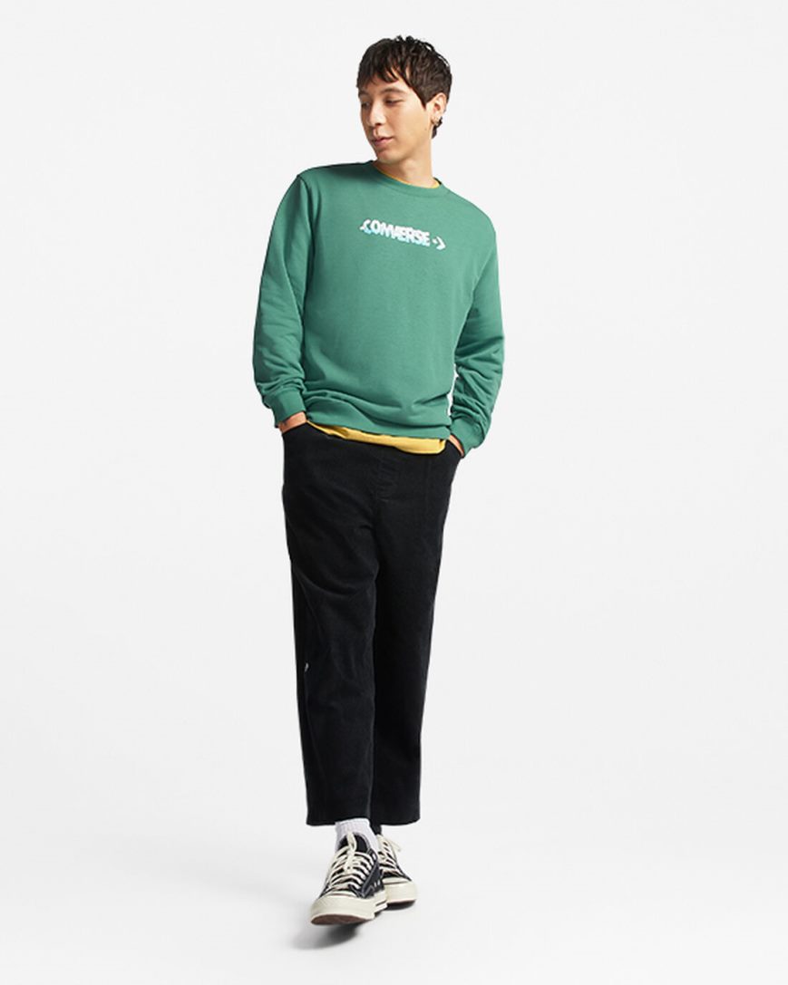 Converse Cloud Grafiske Long Sleeve Crew Gensere Herre Grønn | 724OBMPYN