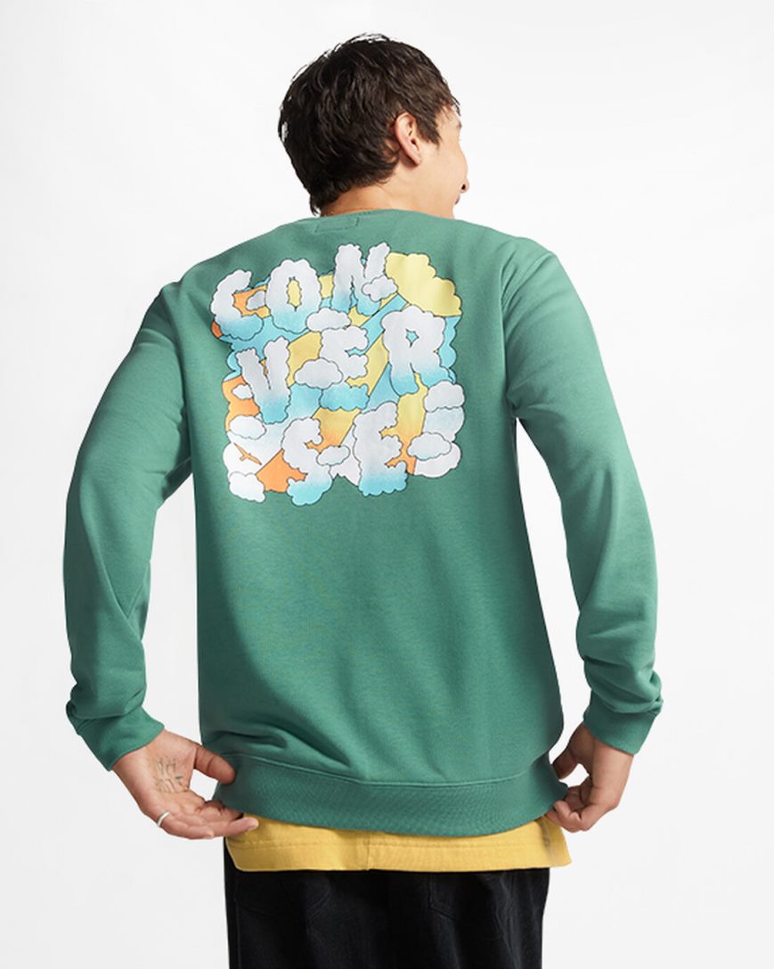 Converse Cloud Grafiske Long Sleeve Crew Gensere Herre Grønn | 724OBMPYN