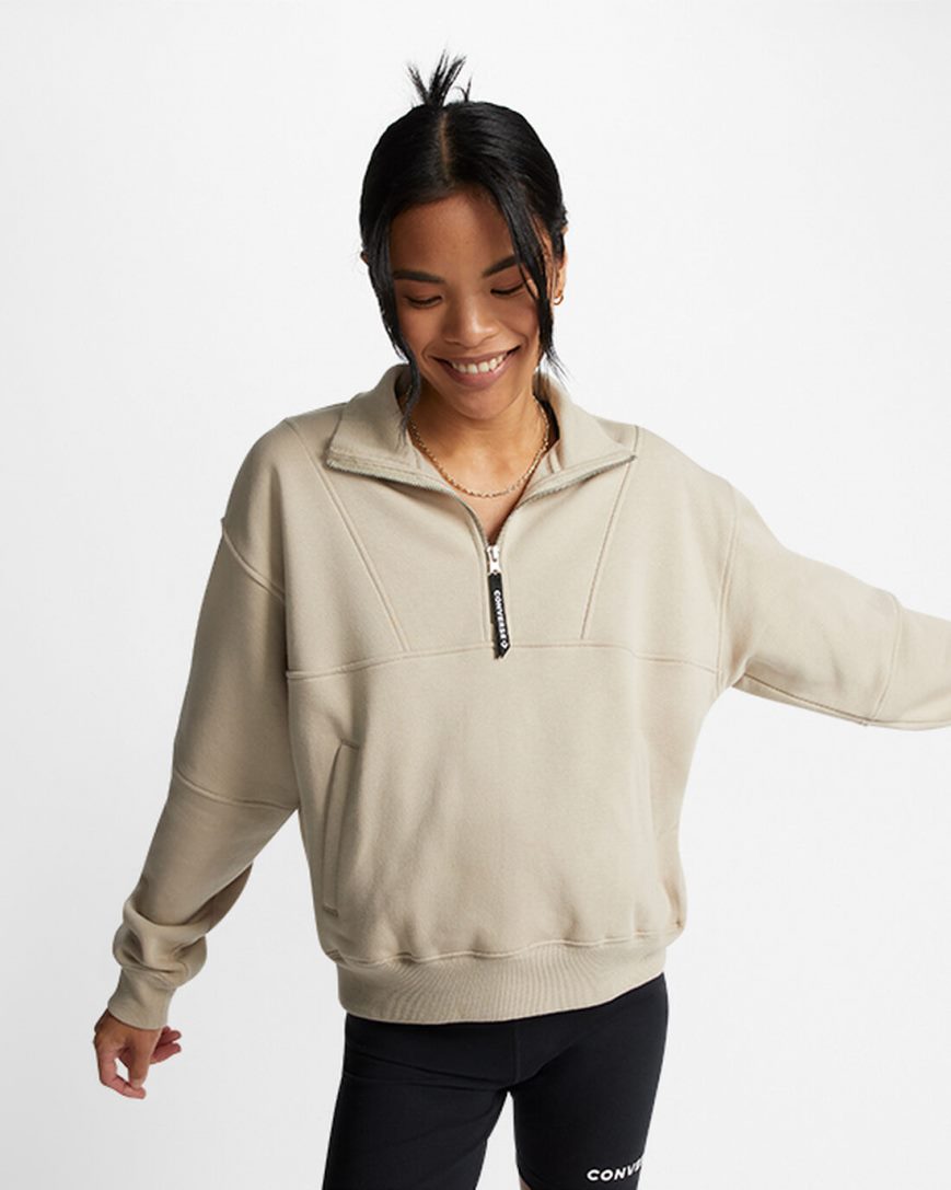Converse Fleece Half-Zip Pullover Gensere Dame Grå | 035TZAXUC