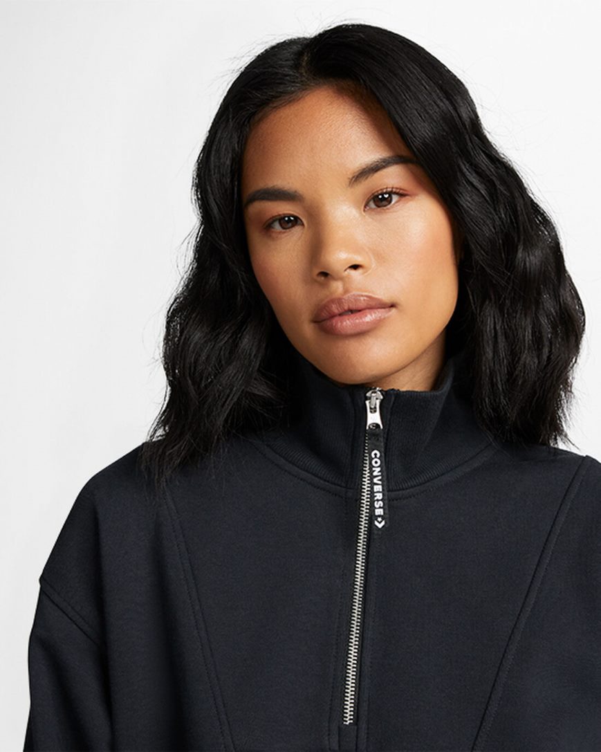 Converse Fleece Half-Zip Pullover Gensere Dame Svarte | 602ENTJMQ