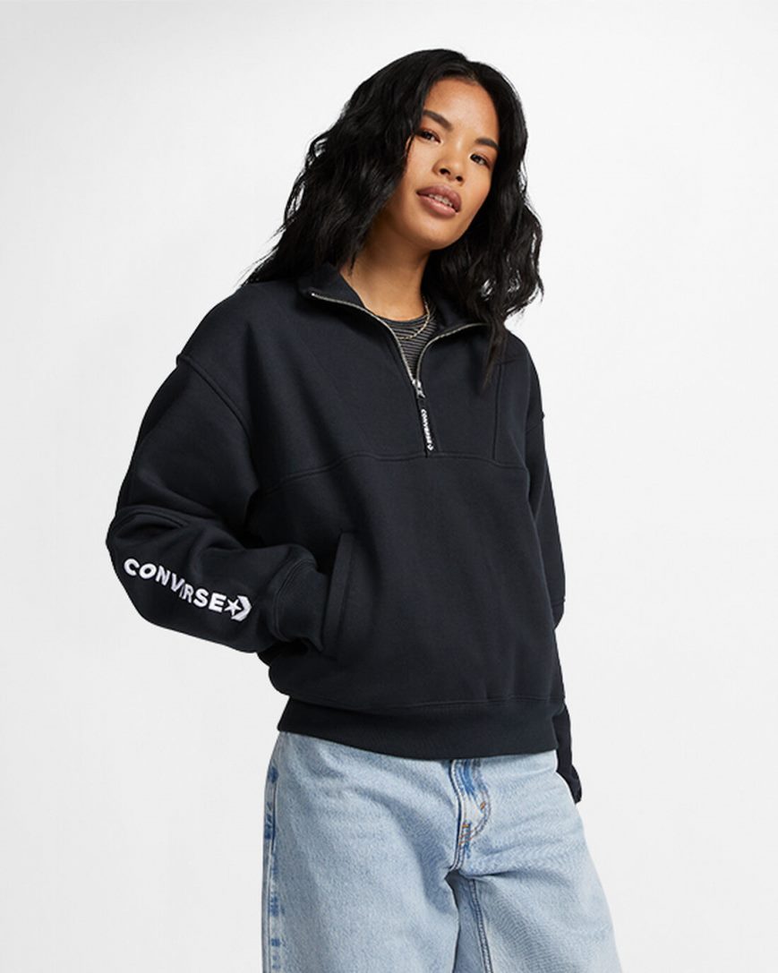Converse Fleece Half-Zip Pullover Gensere Dame Svarte | 602ENTJMQ