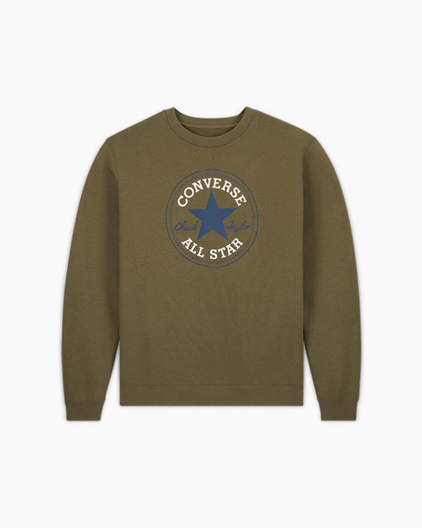 Converse Go-To All Star Patch Standard Fit Fleece Crew Gensere Herre Olivengrønne | 786AFPOEL