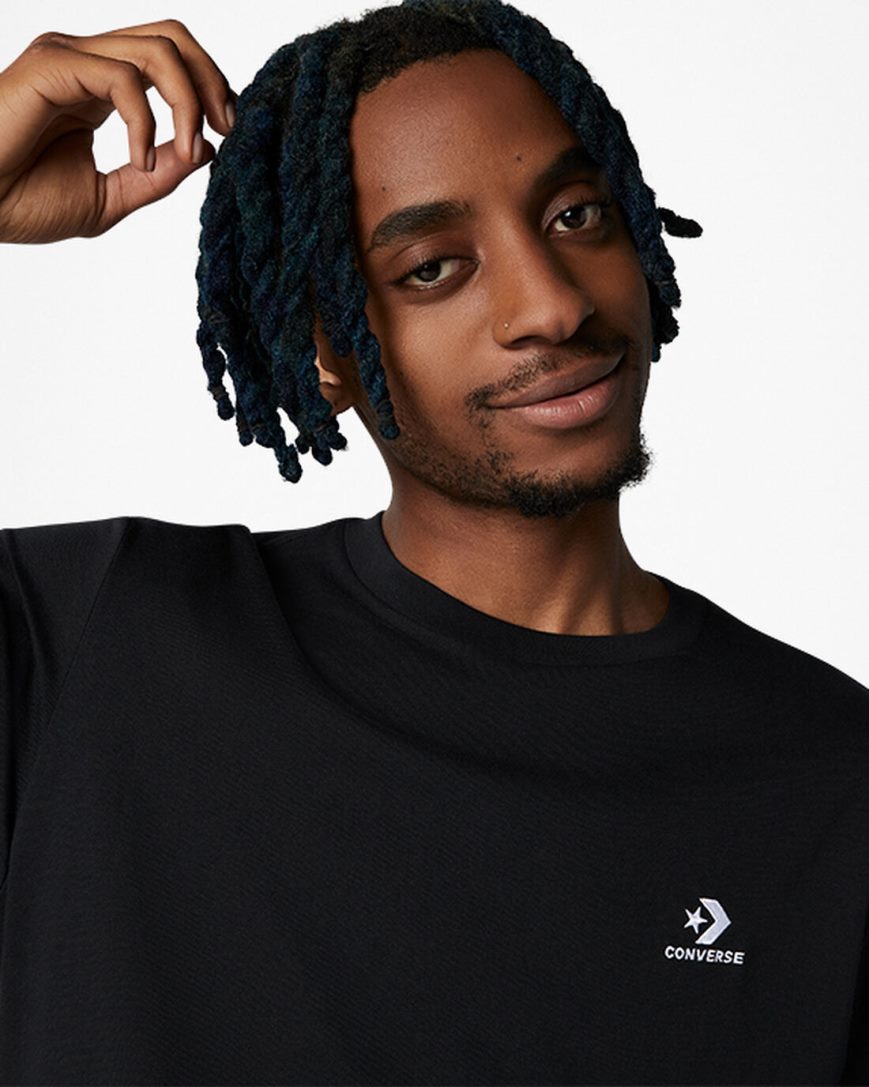 Converse Go-To Embroidered Star Chevron Standard Fit T-Shirts Dame Svarte | 140AGUMDK