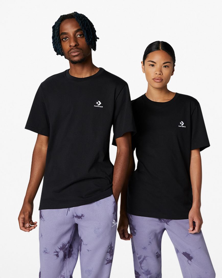 Converse Go-To Embroidered Star Chevron Standard Fit T-Shirts Dame Svarte | 140AGUMDK
