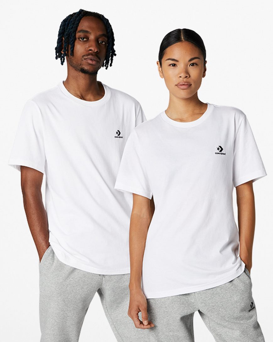 Converse Go-To Embroidered Star Chevron Standard Fit T-Shirts Dame Hvite | 160MFGZLR