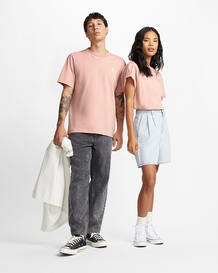 Converse Go-To Embroidered Star Chevron Standard Fit T-Shirts Dame Rosa | 649VYKRPH