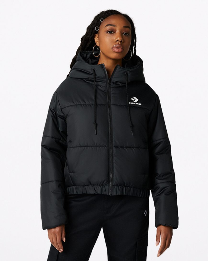 Converse Kort Hette Puffer Jakke Dame Svarte | 924TPONGX