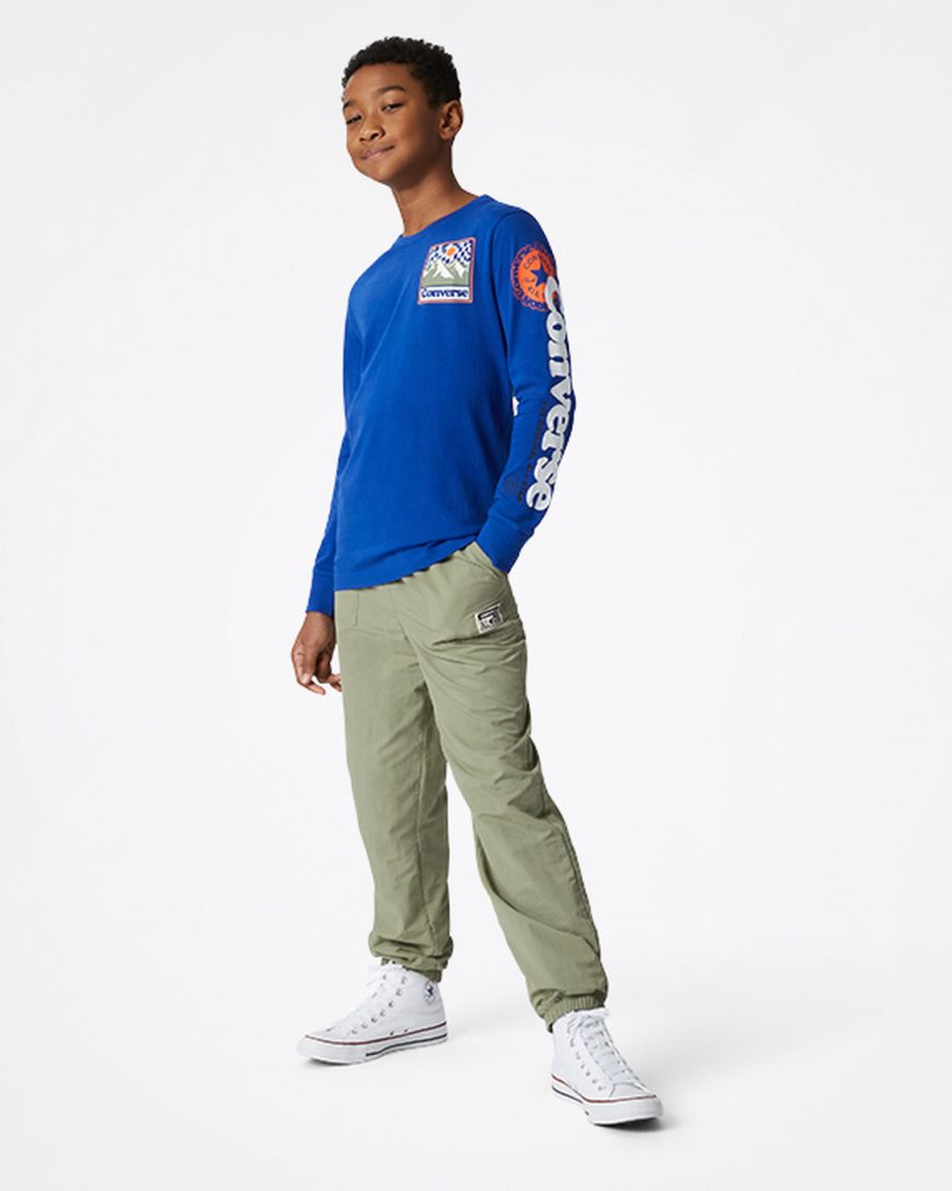 Converse Long Sleeve Sneaker Collage T-Shirts Gutt Blå | 643PCTBUM