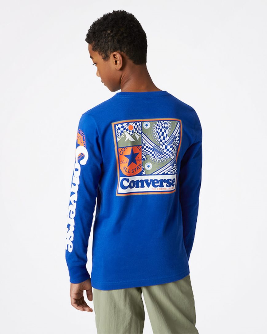 Converse Long Sleeve Sneaker Collage T-Shirts Gutt Blå | 643PCTBUM
