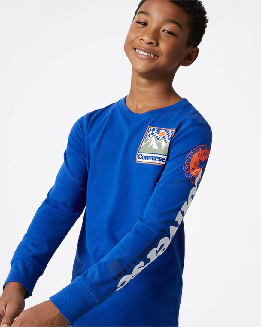 Converse Long Sleeve Sneaker Collage T-Shirts Gutt Blå | 643PCTBUM