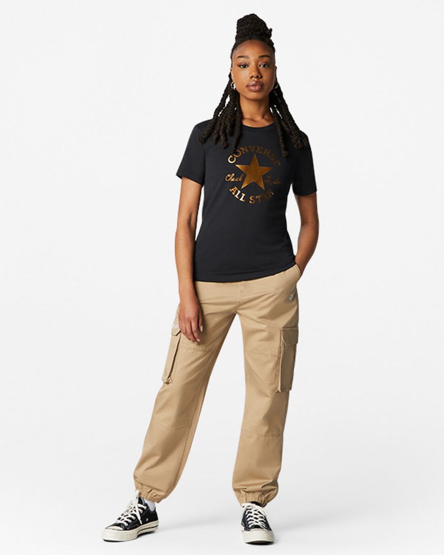Converse Metallic Chuck Taylor Patch Classic Fit T-Shirts Dame Svarte | 482IGJBPN
