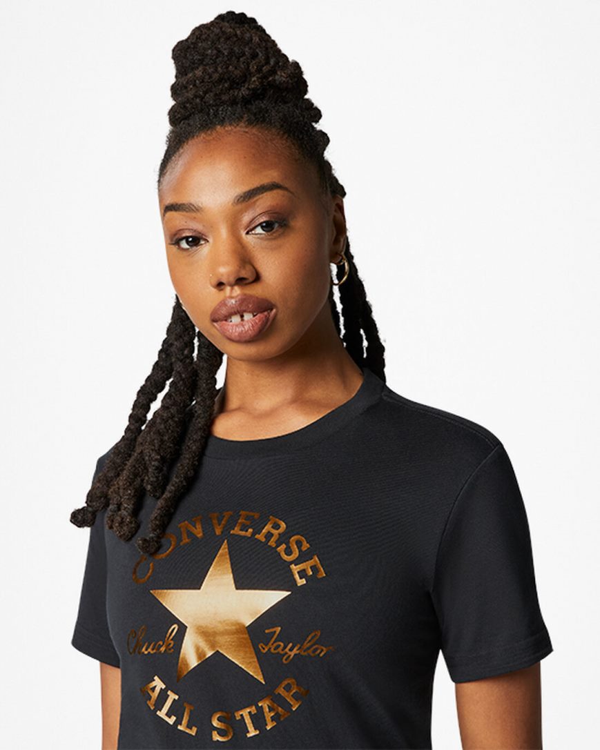 Converse Metallic Chuck Taylor Patch Classic Fit T-Shirts Dame Svarte | 482IGJBPN