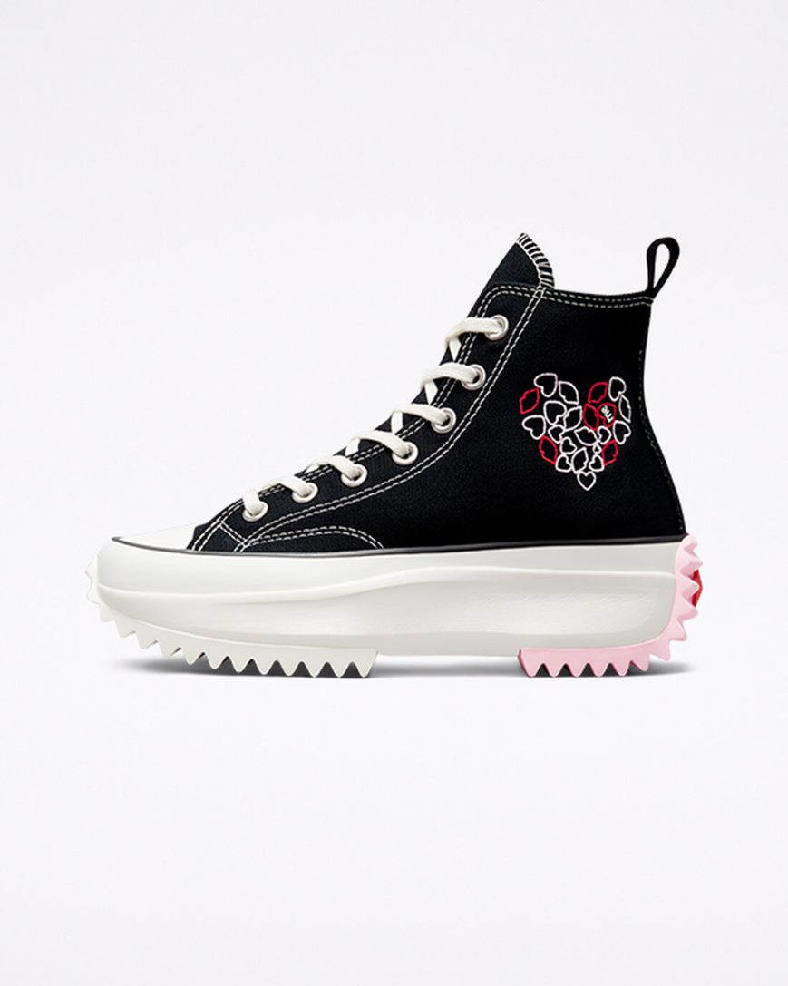 Converse Run Star Hike Embroidered Hearts Høye Platform Sko Herre Svarte Rød | 274QLGATX