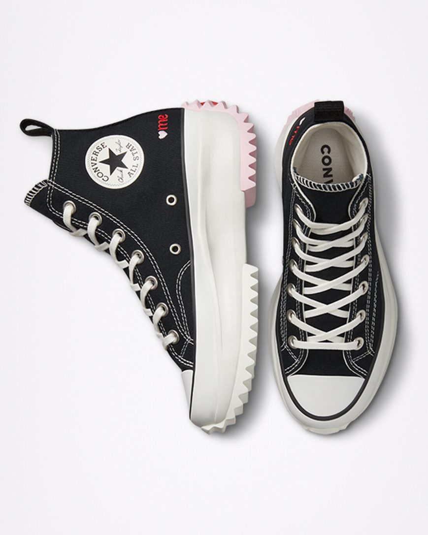 Converse Run Star Hike Embroidered Hearts Høye Platform Sko Herre Svarte Rød | 274QLGATX