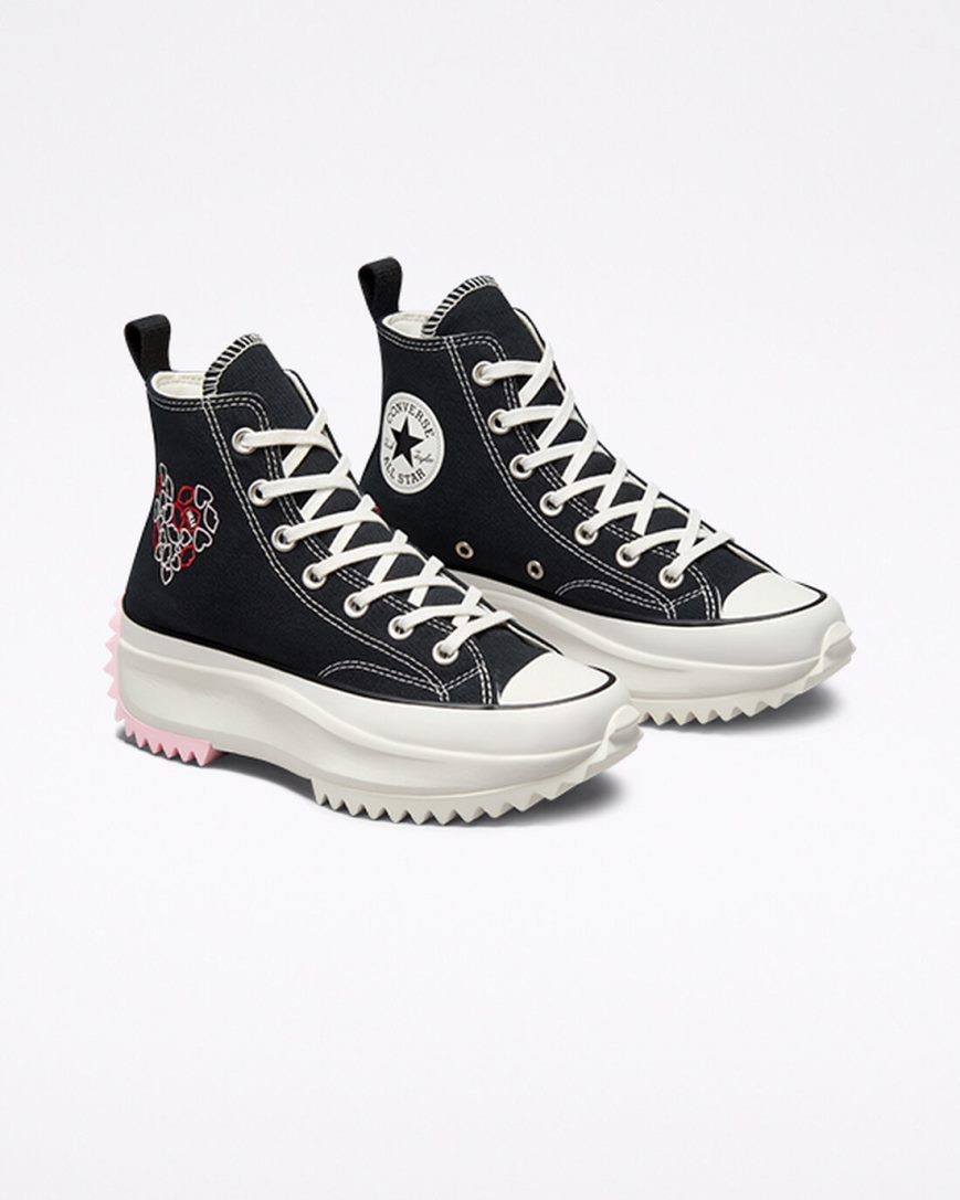 Converse Run Star Hike Embroidered Hearts Høye Platform Sko Herre Svarte Rød | 274QLGATX