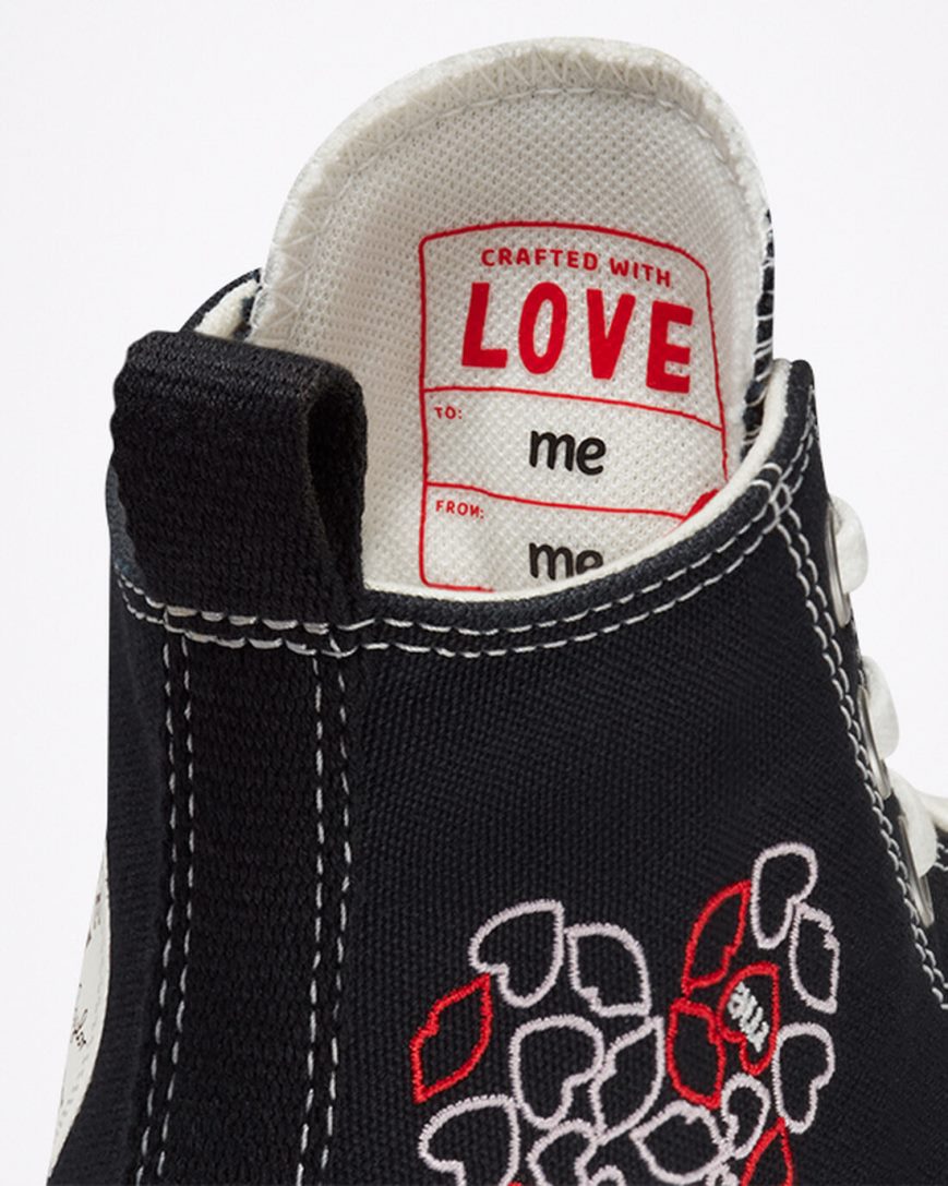 Converse Run Star Hike Embroidered Hearts Høye Platform Sko Herre Svarte Rød | 274QLGATX