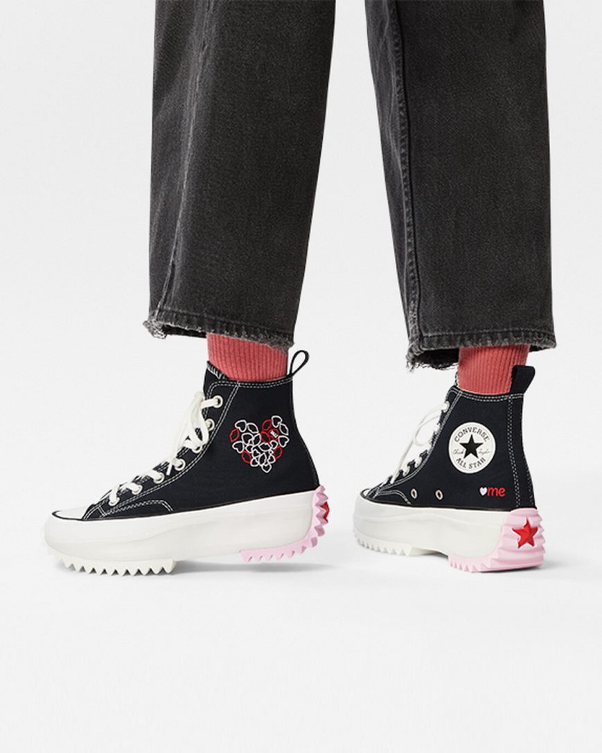 Converse Run Star Hike Embroidered Hearts Høye Platform Sko Herre Svarte Rød | 274QLGATX