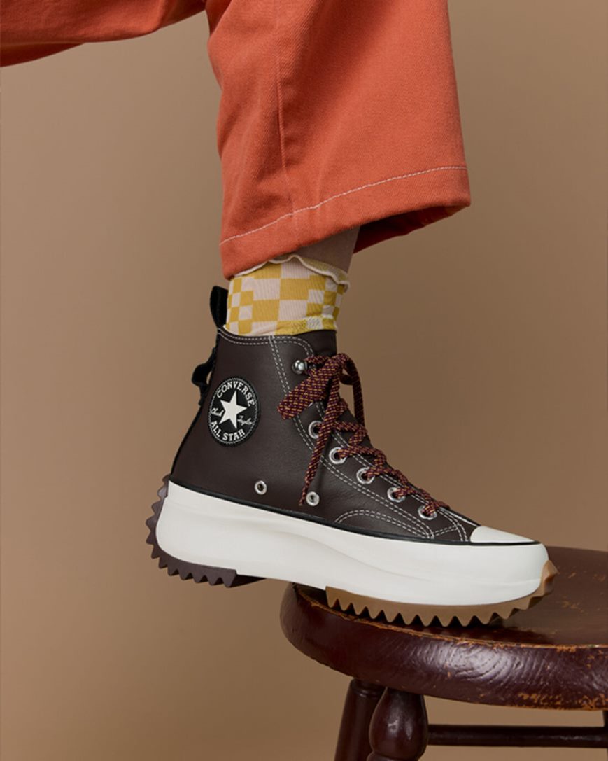Converse Run Star Hike Lær Høye Platform Sko Dame Mørke Brune Svarte | 051OZBUJY