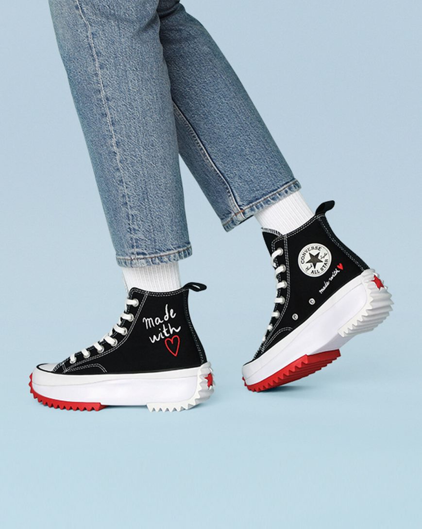 Converse Run Star Hike Made With Love Høye Platform Sko Herre Svarte Hvite Rød | 964FLDWMI