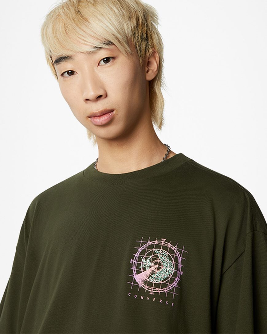 Converse Satellite Grafiske T-Shirts Herre Olivengrønne Grønn | 728YOCTSJ