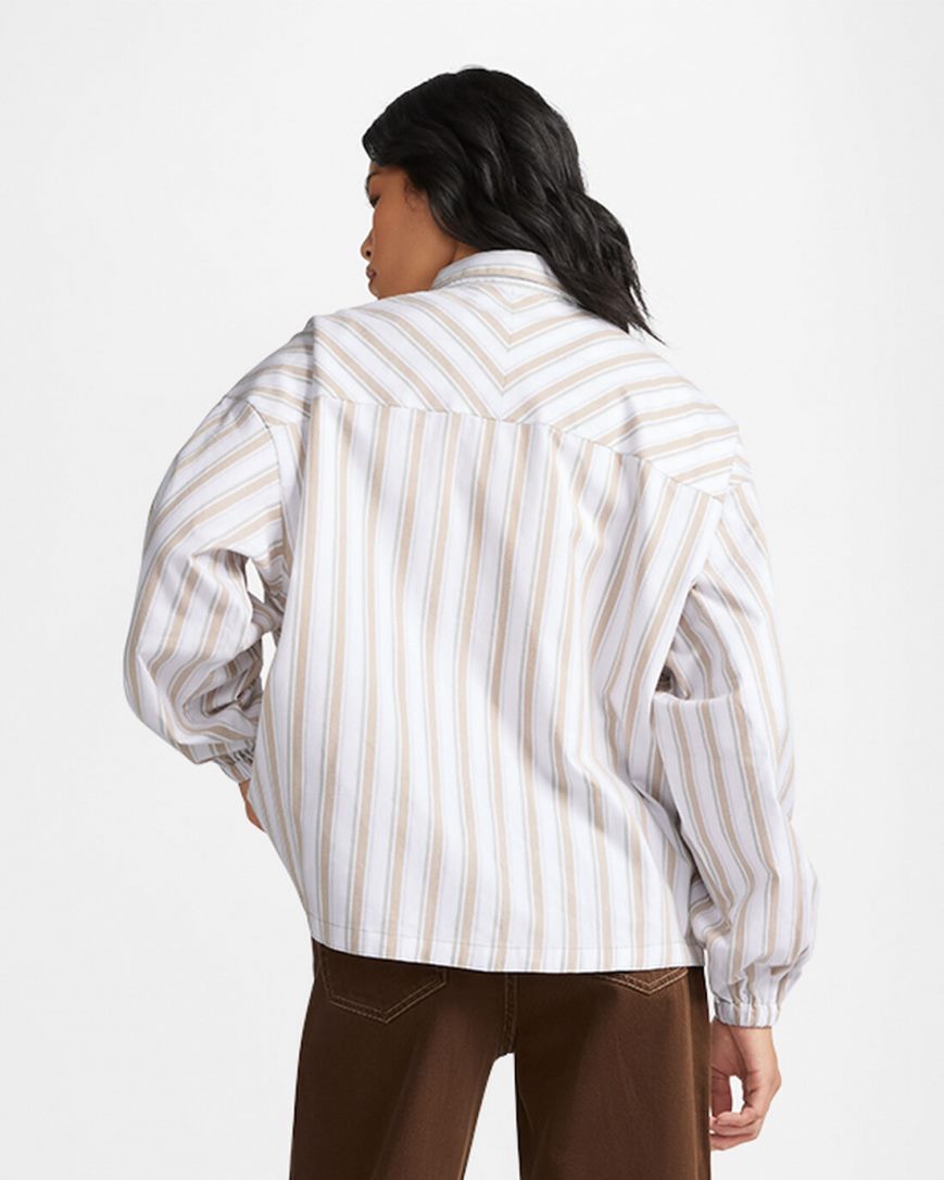 Converse Stripete Woven Button-Up Skjorte Dame Olivengrønne | 071TVIZUD