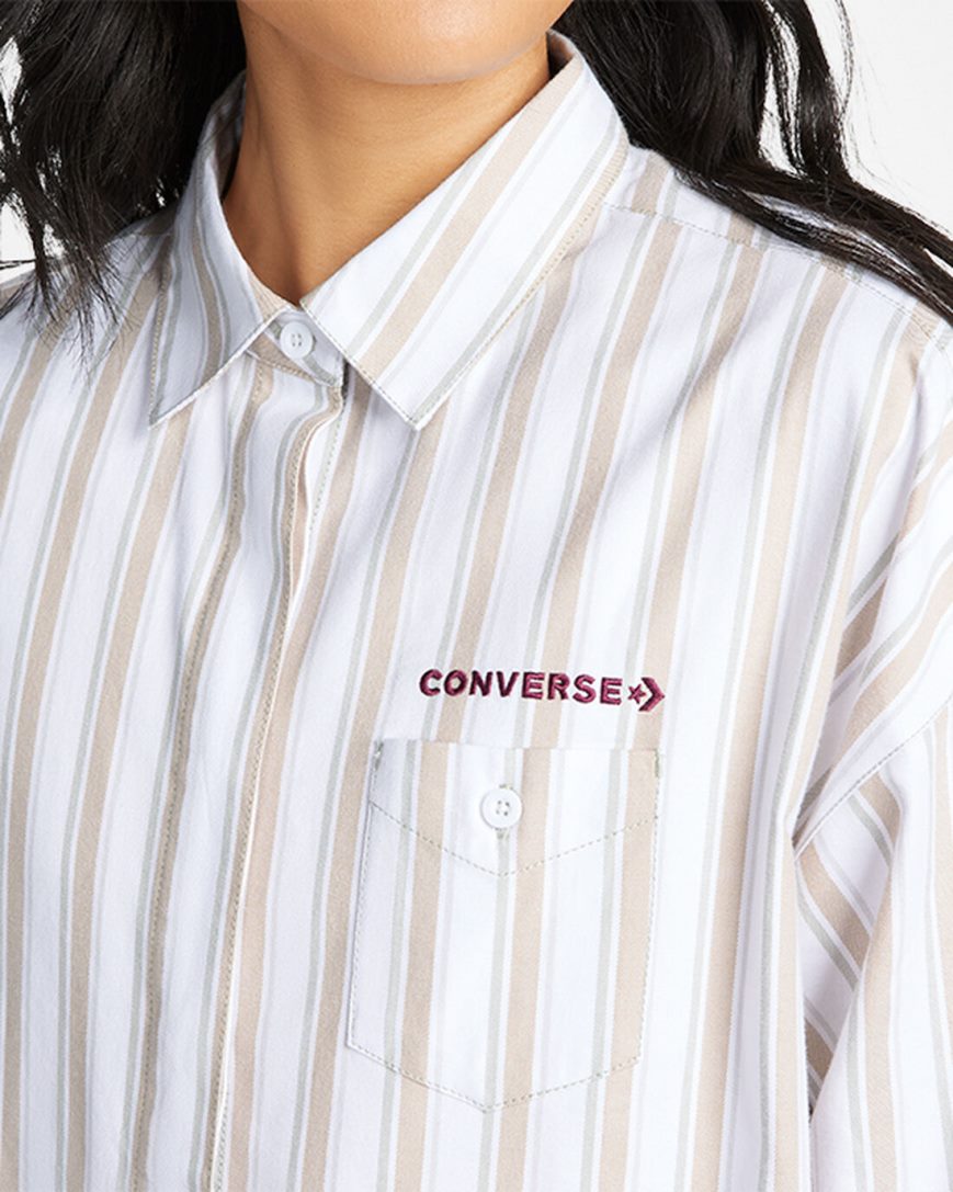 Converse Stripete Woven Button-Up Skjorte Dame Olivengrønne | 071TVIZUD