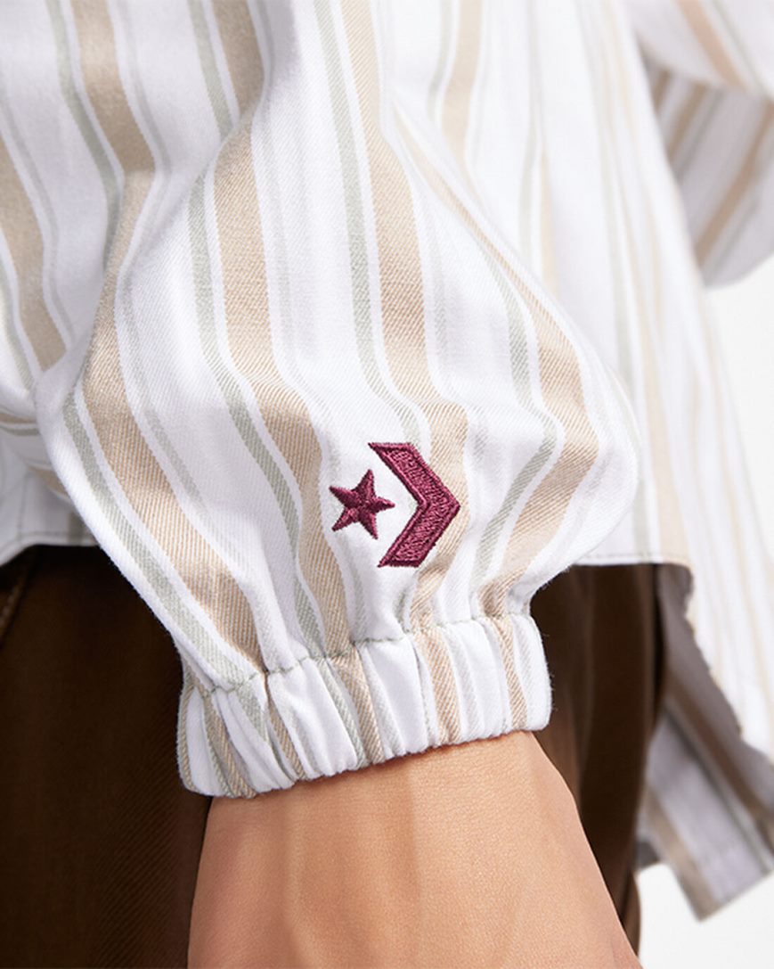 Converse Stripete Woven Button-Up Skjorte Dame Olivengrønne | 071TVIZUD