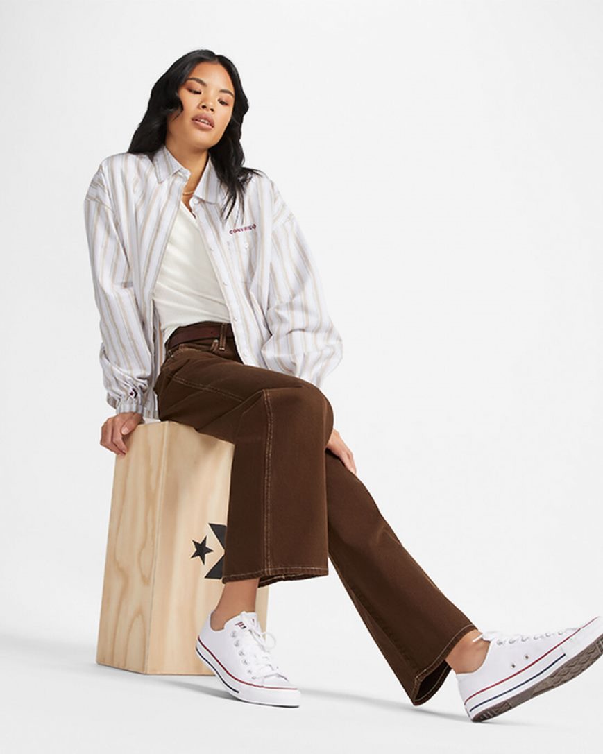 Converse Stripete Woven Button-Up Skjorte Dame Olivengrønne | 071TVIZUD