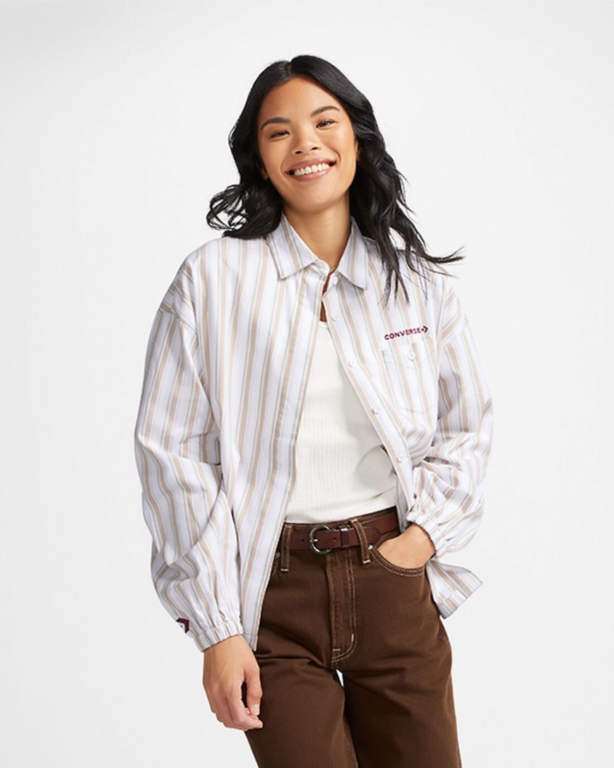 Converse Stripete Woven Button-Up Skjorte Dame Olivengrønne | 071TVIZUD